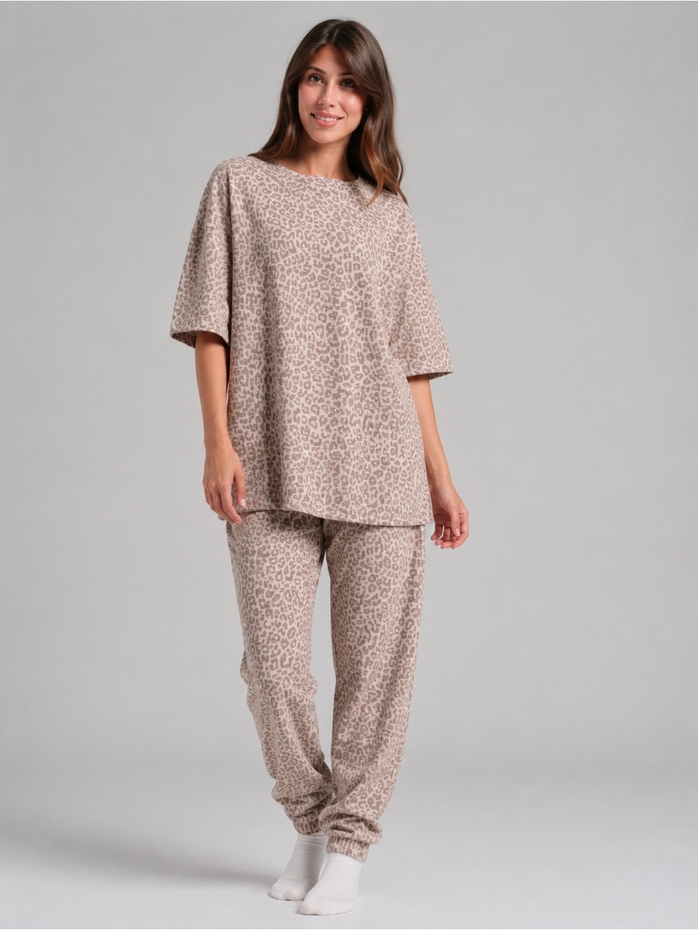 COMFRT Waffle Lounge Set Desert Leopard Print Tee & Jogger Pants Women Size L